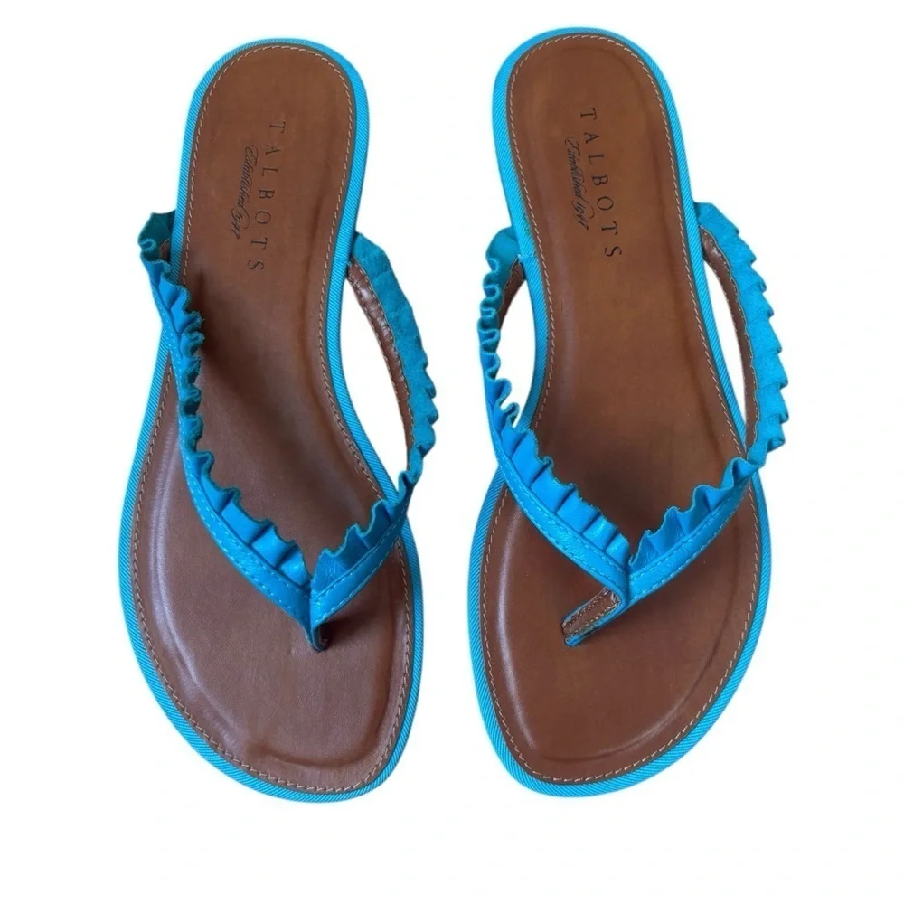 Talbots Thong Slip On Sandals Ruffle Detail In Turquoise Women’s Size 7 New